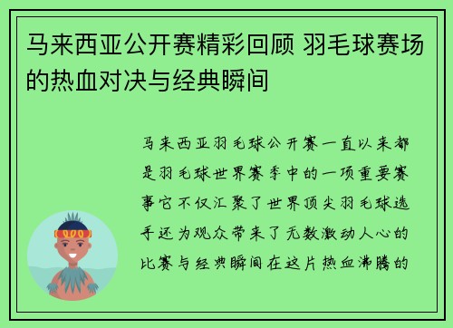 马来西亚公开赛精彩回顾 羽毛球赛场的热血对决与经典瞬间
