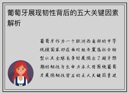 葡萄牙展现韧性背后的五大关键因素解析